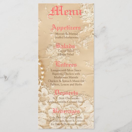 25 Cartes de menu Dentelle de campagne Bijou Vinta (Devant)