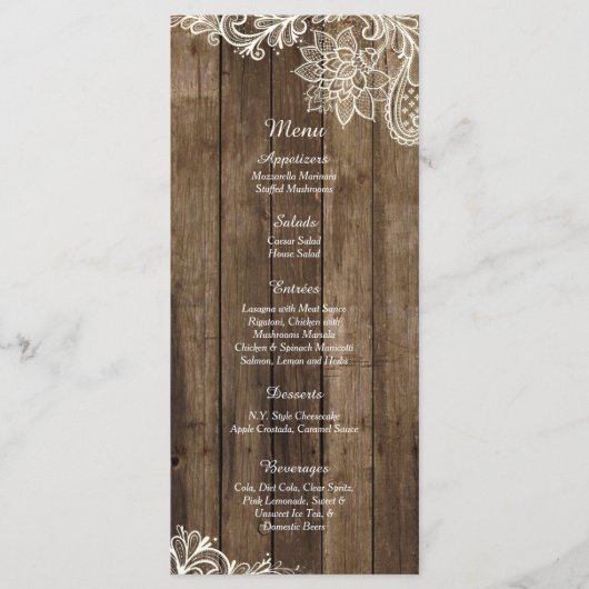 25 Cartes de menu du Mariage campagnard en dentell (Devant)