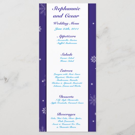 25 Cartes de menu Flacons de neige blanche (Devant)