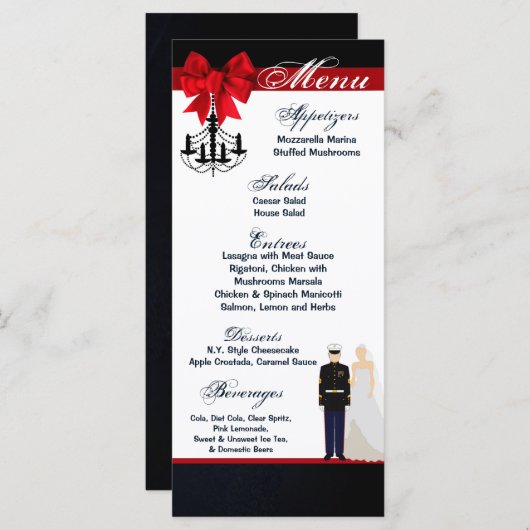 25 Cartes de menu Marine Uniform Groom Bride robe (Devant / Derrière)