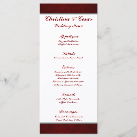 25 Cartes de menu Maroon foncé Gris perlées Rouge (Devant)