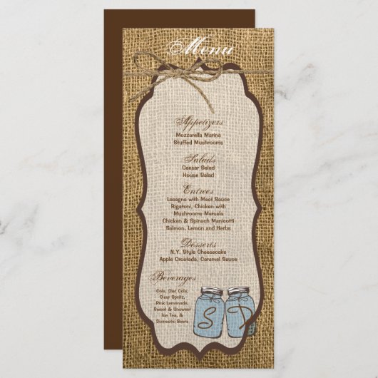 25 Cartes de menu Mason Jar Burlap Pays Pot rustiq (Devant / Derrière)