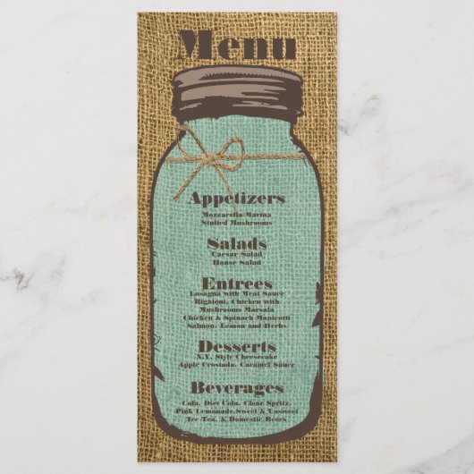 25 Cartes de menu Mason Jar Burlap Pays Pota rusti (Devant)