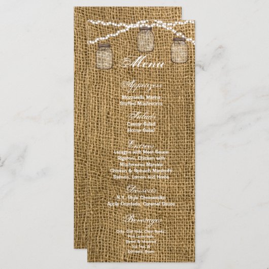 25 Cartes de menu Mason Jar String Lights Burlap P (Devant / Derrière)