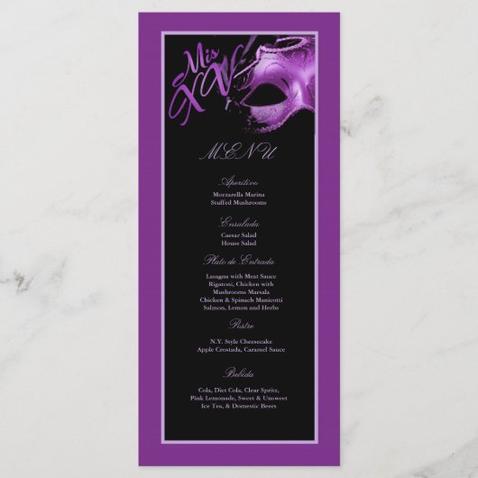 25 Cartes de menu Mis XV Purple Lilac Black Party (Devant)