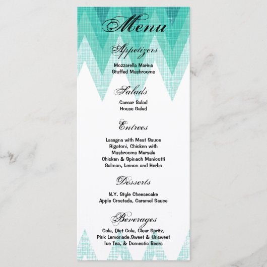 25 Cartes de menu Ombre Turquoise Chevron (Devant)