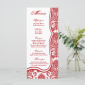 25 Cartes de menu Rouge Crimson Blanc Damask Lace  (Debout devant)