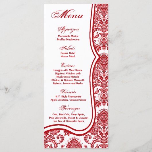 25 Cartes de menu Rouge Crimson Blanc Damask Lace  (Devant)