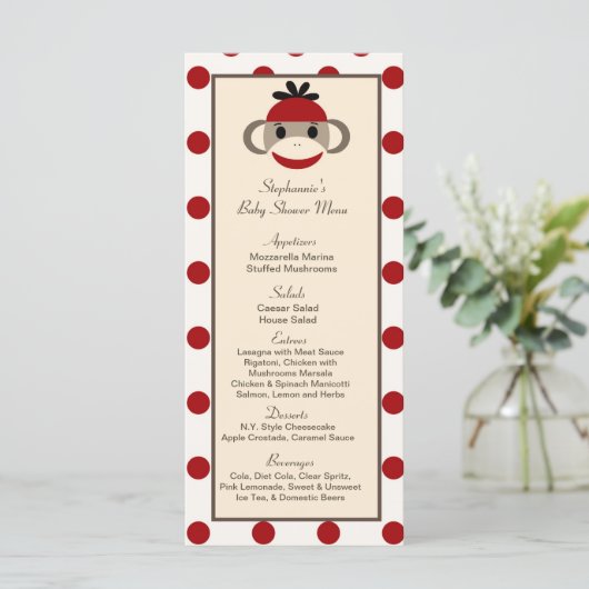 25 Cartes de menu Rouge Sock Monkey (Debout devant)