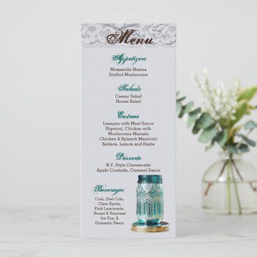25 Cartes de menu Rustic Country Mason Jar Lace Im (Debout devant)