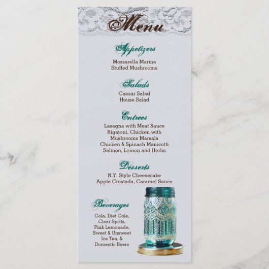 25 Cartes de menu Rustic Country Mason Jar Lace Im (Devant)