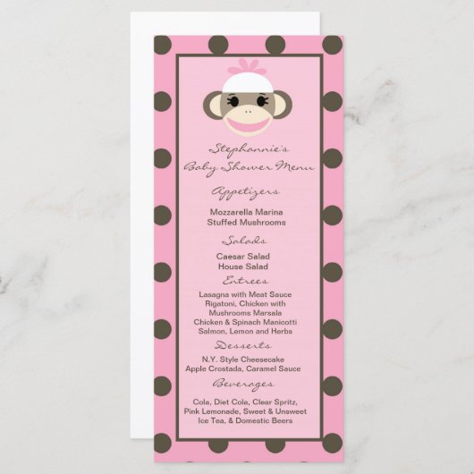 25 Cartes de menu Singe De Choc Rose (Devant / Derrière)