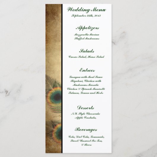 25 Cartes de menu Vintage Peacock Green (Devant)