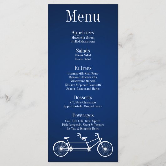 25 Cartes de menu Whimsical Navy Bleu Double Vélo (Devant)