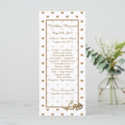 25 Gold Love Hearts Wedding Programs Programma (Staand voorkant)