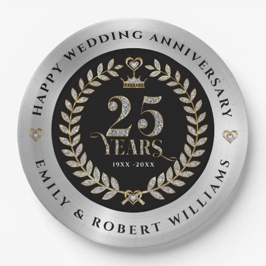 25 jaar Jubileum Goud en witte diamant Papieren Bordje (Voorkant)