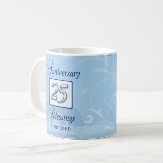 25-jarig jubileum in blauw en zilver koffiemok (Voorkant links)