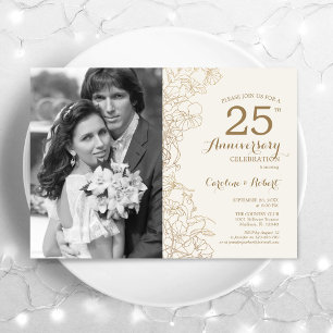 25-jarig jubileum met foto - ivoorgouden bloem kaart