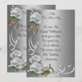 25 Jubileum uitnodiging witte rozen zilversatin (Voorkant / Achterkant)
