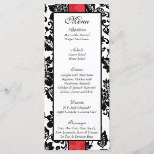 25 menu floral noir/rouge de mariage damassé