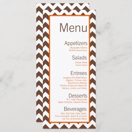 25 Menu Kaarten Bruin Sinaasappel Chevron Naam Foc (Voorkant / Achterkant)