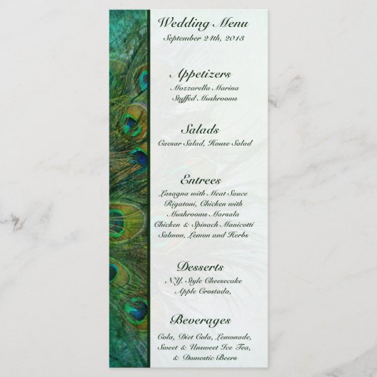 25 Menu Kaarten Peacock Green Feathers (Voorkant)