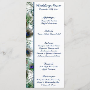 25 Menukaarten Peacock Feathers Blue/Green elegant Menu