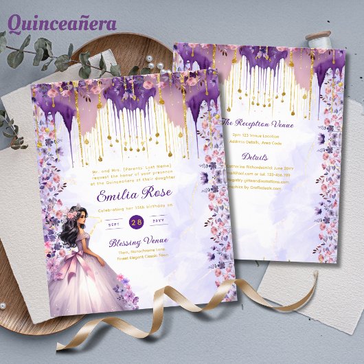 25 Paarse Goud Glitter Quinceanera Jurk Bloemig Flyer