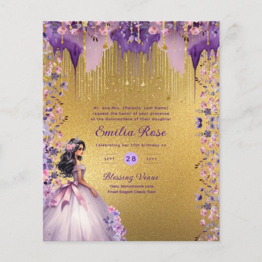 25 Paarse Gouden Sparkle Quinceanera Jurk Bloemen Flyer (Voorkant)