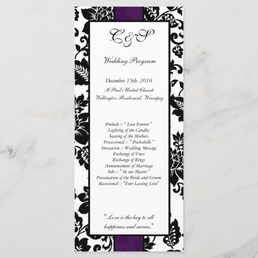 25 Programmes de Mariage damassé Florale Noir/Viol (Devant)