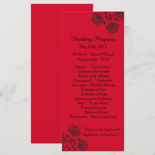 25 Programmes de mariage floral rouge et noir (Devant / Derrière)