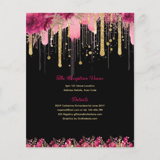 25 ROZE Gouden Sparkles Quinceanera Jurk Bloemen Flyer (Achterkant)