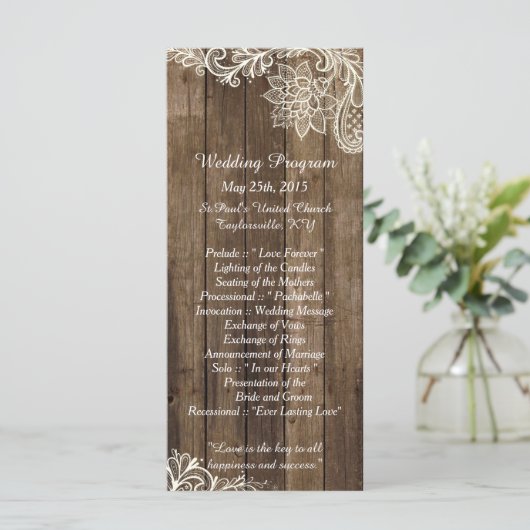 25 rustieke kant hout land bruiloft programma's (Staand voorkant)