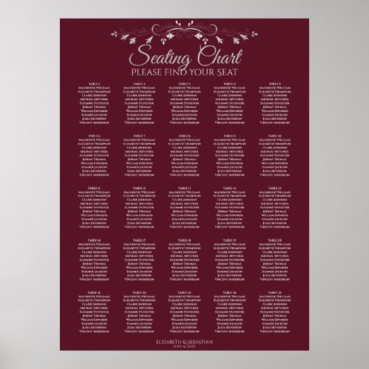 25 Tabel Elegant Bourgogne Wedding Seating Chart Poster (Voorkant)