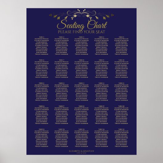 25 Tableau Élégant Gold & Marine Mariage Seating C (Devant)