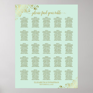 25 Tableau Gold & Mint Green Mariage Seating Chart