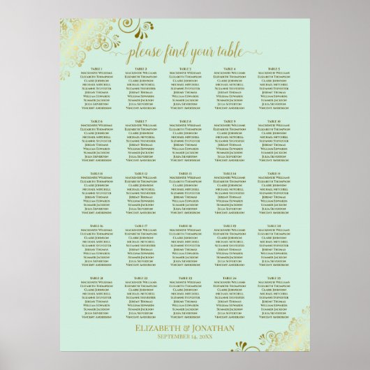 25 Tableau Gold & Mint Green Mariage Seating Chart (Devant)
