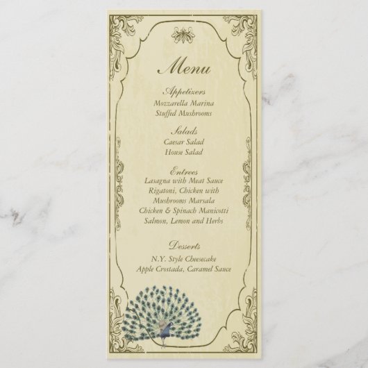 25 Tags du menu Mariage Peacock Vintage (Devant)