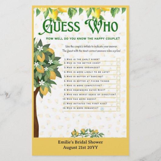 25 x citroenen bruiloftsspelletjes BINGO en RAAD W Flyer (Achterkant)