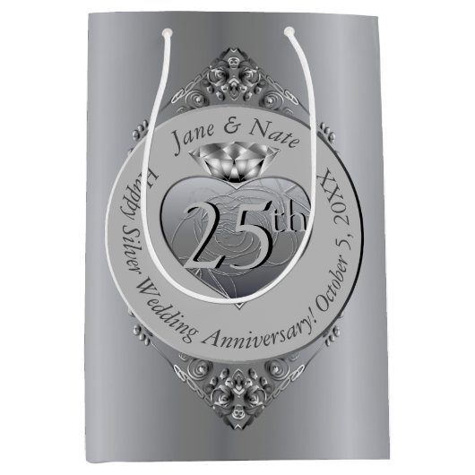 25e anniversaire d'argent Sac cadeau moyen (Devant)
