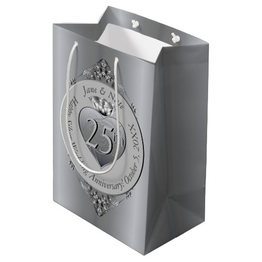 25e anniversaire d'argent Sac cadeau moyen (Dos Angle)