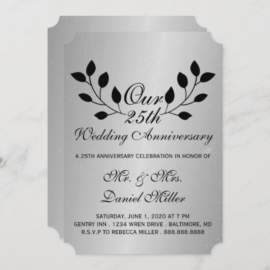 25e anniversaire Mariage Invitation d'argent (Devant / Derrière)