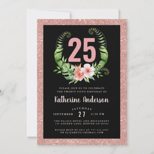 25e anniversaire noir rousse rose invitation flora (Devant)
