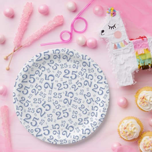 25e Birthday Blue/White Random Number Pattern Papieren Bordje (Feest)