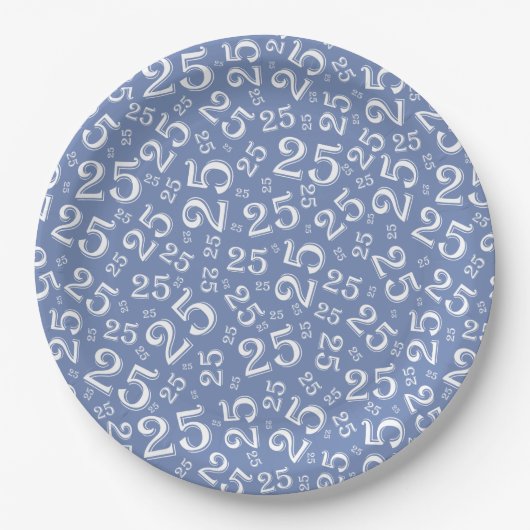 25e Birthday Blue/White Random Number Pattern Papieren Bordje (Voorkant)