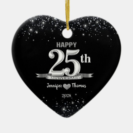 25e bruiloft Jubileum Glitter Silver Custom Keramisch Ornament (Voorkant)