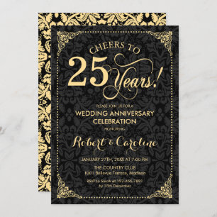 25e bruiloft Jubileum - Gold Black Damask Kaart
