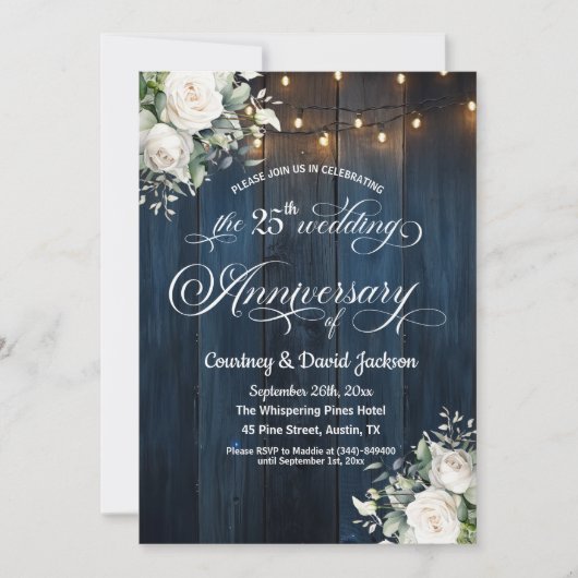 25e bruiloft Jubileum Rustiek Blauw String Lichten Kaart (Voorkant)
