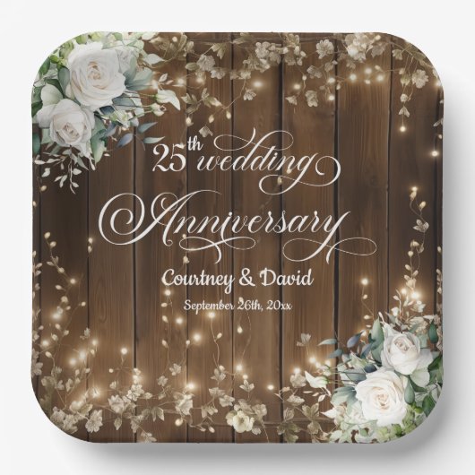 25e bruiloft Jubileum Rustieke String Lights Papieren Bordje (Voorkant)