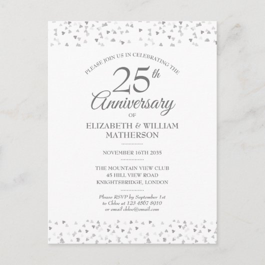 25e bruiloft Jubileum Silver Love Hearts Uitnodiging Briefkaart (Voorkant)